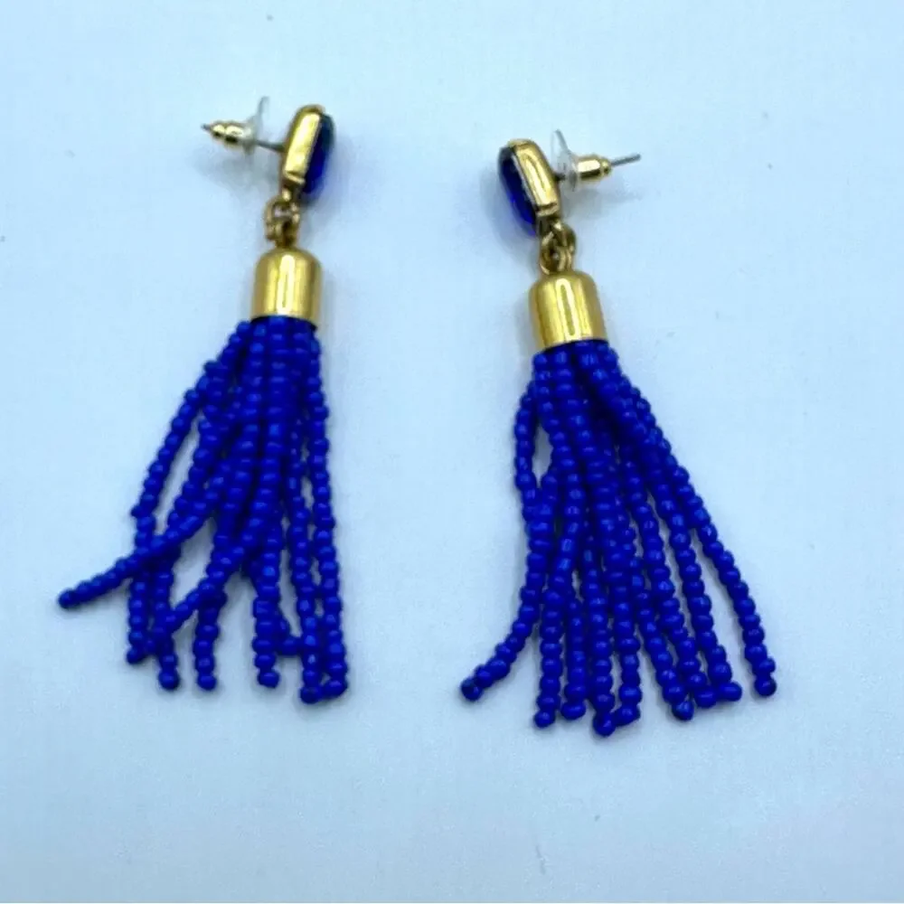J. Crew Cobalt Beaded Tassel Earrings Casual luxe Preppy Summer Dangle Drop